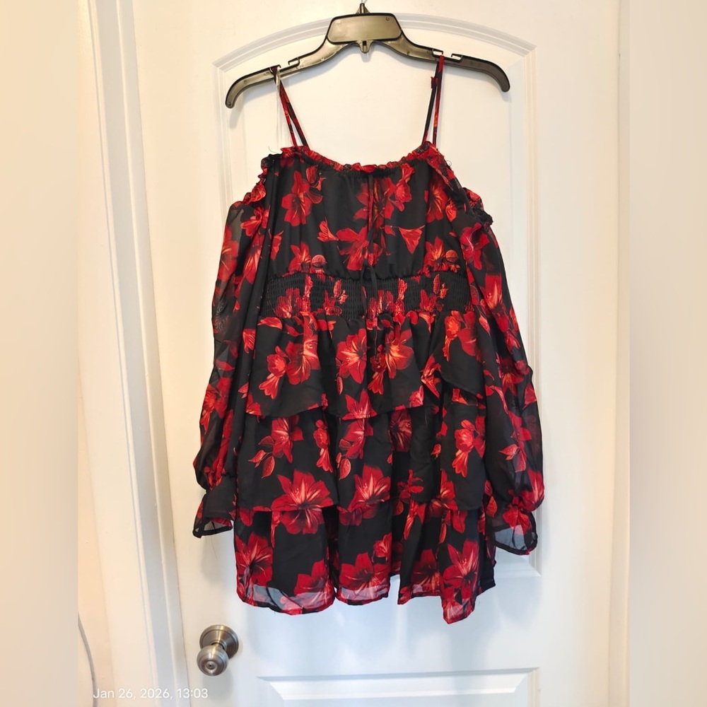 Faded Rose Women's Dress Size L Black & Red Long Sleeves Elastic Waist - Picture 4 of 7